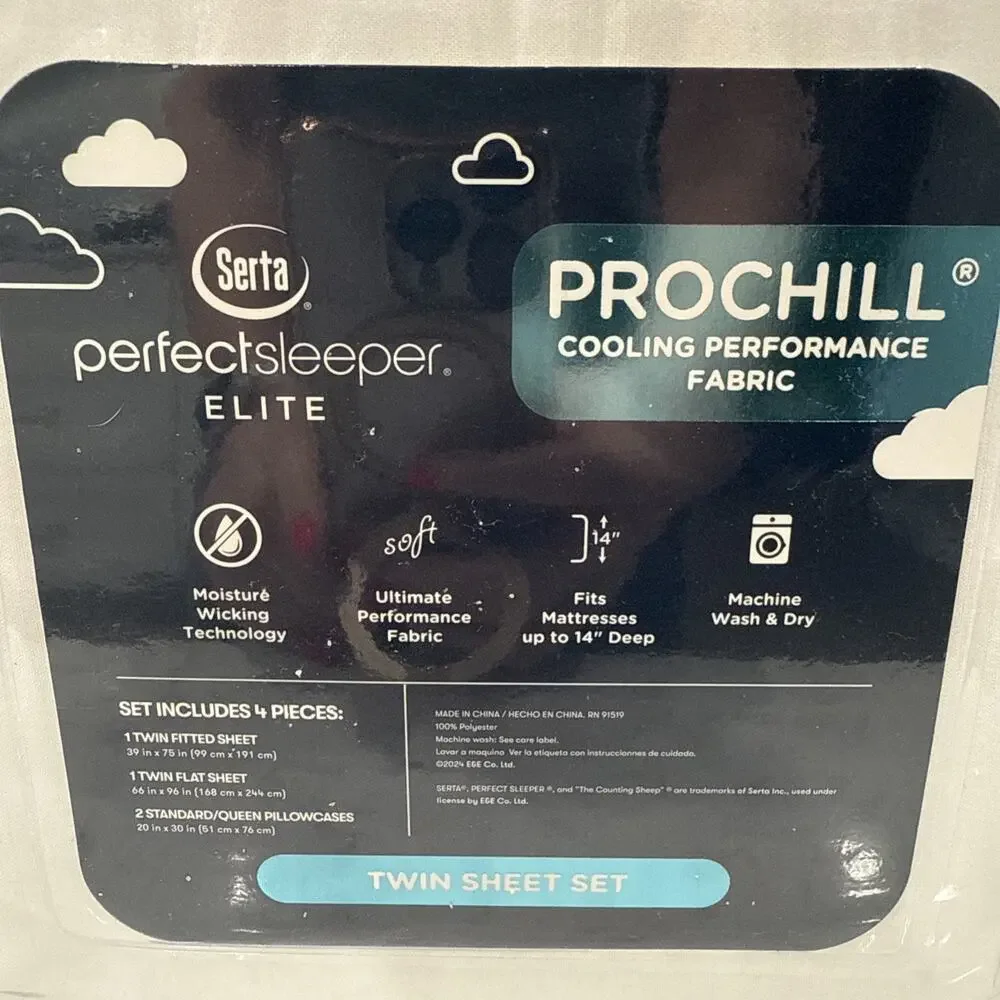 4 Pc TWIN Serta Perfect Sleeper Elite Prochill Cooling Fabric Sheet Set WHITE